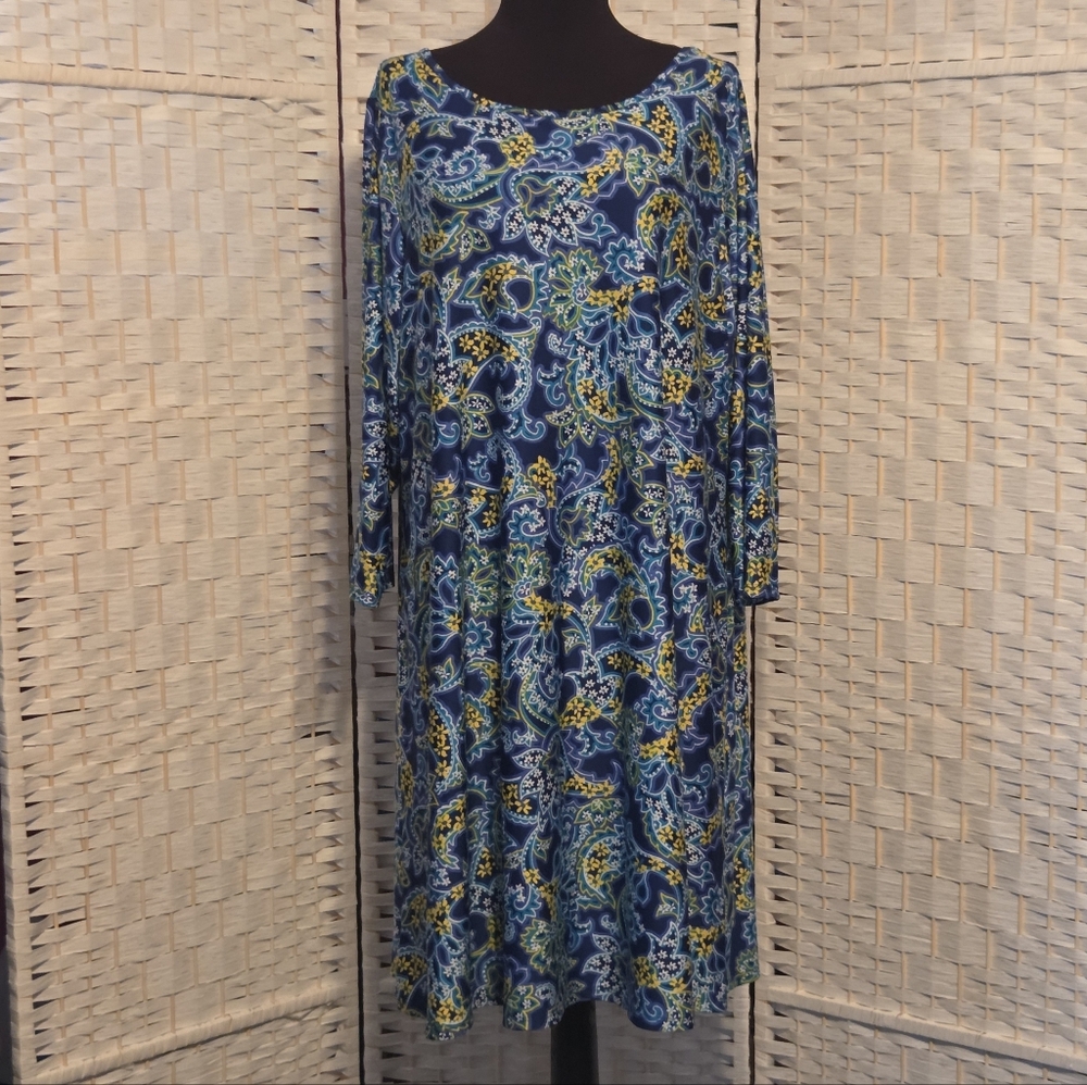 Ruby Rd. Blue and Yellow Paisley 3/4 Sleeve Pullover Dress Size 1X